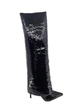 Luxe Black Sequin Knee-High Stiletto Boots